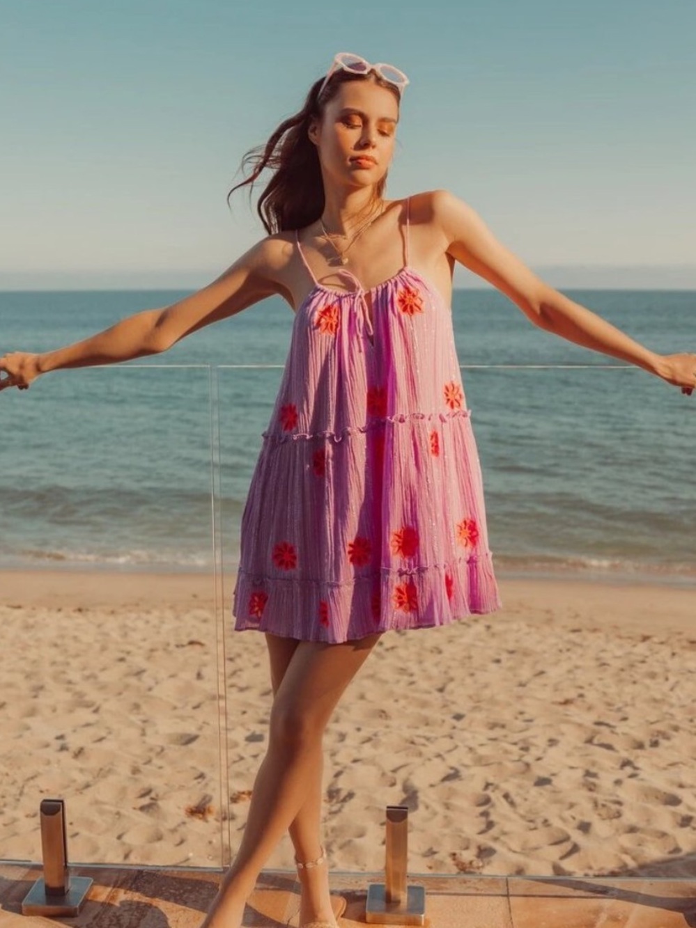 SUNDRESS Maureen Short Dress Light Purple Neon Pink Flowers Size Medium Large